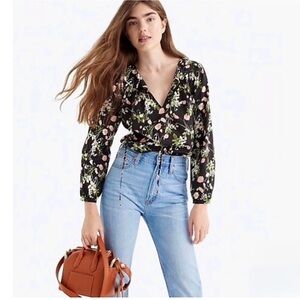 J CREW‎ LIBERTY Floral Cotton Poplin Puff Long Sleeve Tie V-Neck Peasant Top XS